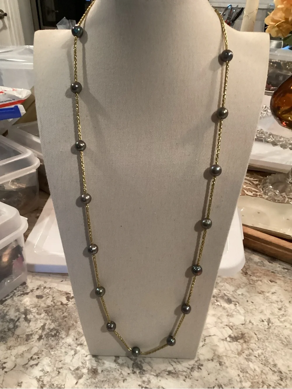 Gold Multi-Strand Necklace with Dark Gray Pearls